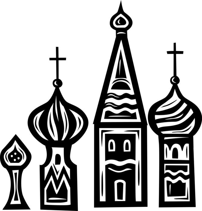 Vector Illustration of Russian Eastern Orthodox Christian Religion Church Architecture with Tapering Tower Domes