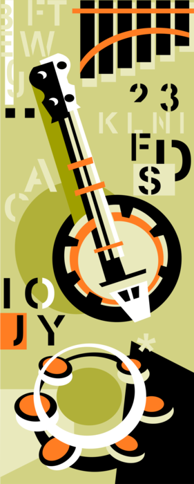 Vector Illustration of Country Music with Banjo and Tambourine Musical Instruments