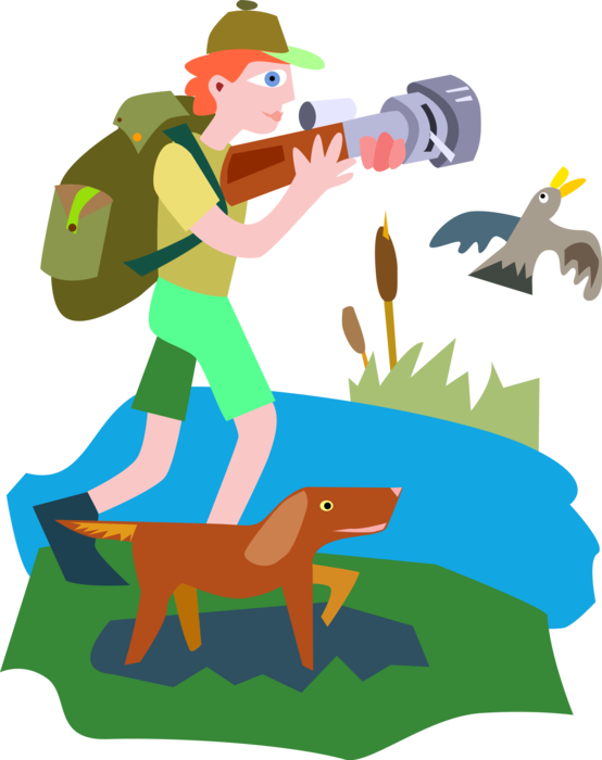Vector Illustration of Nature Photographer with Dog and Camera Taking Pictures of Wildlife Birds 