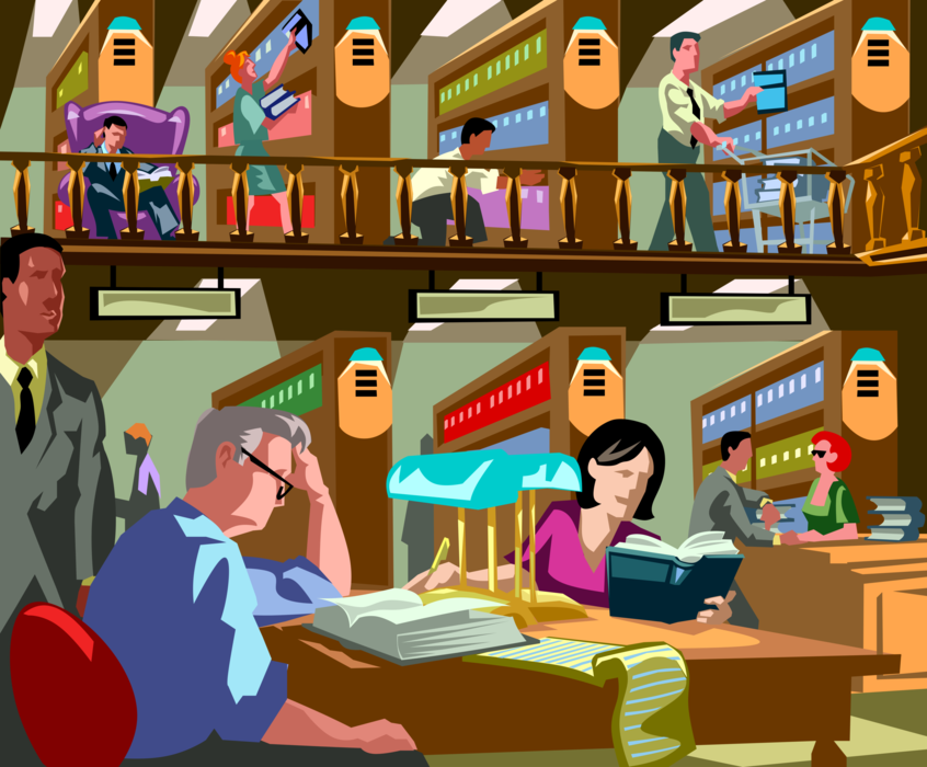 Vector Illustration of Studying and Taking Notes in Library