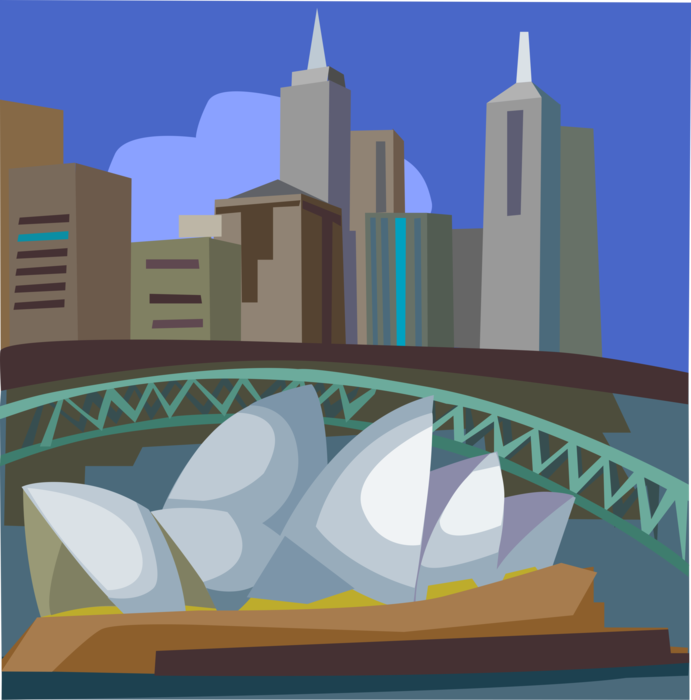 Vector Illustration of Sidney Opera House with Sydney Harbour Bridge, Australia
