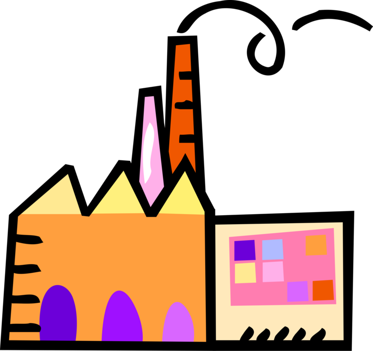Vector Illustration of Manufacturing Factory Plant with Smokestacks