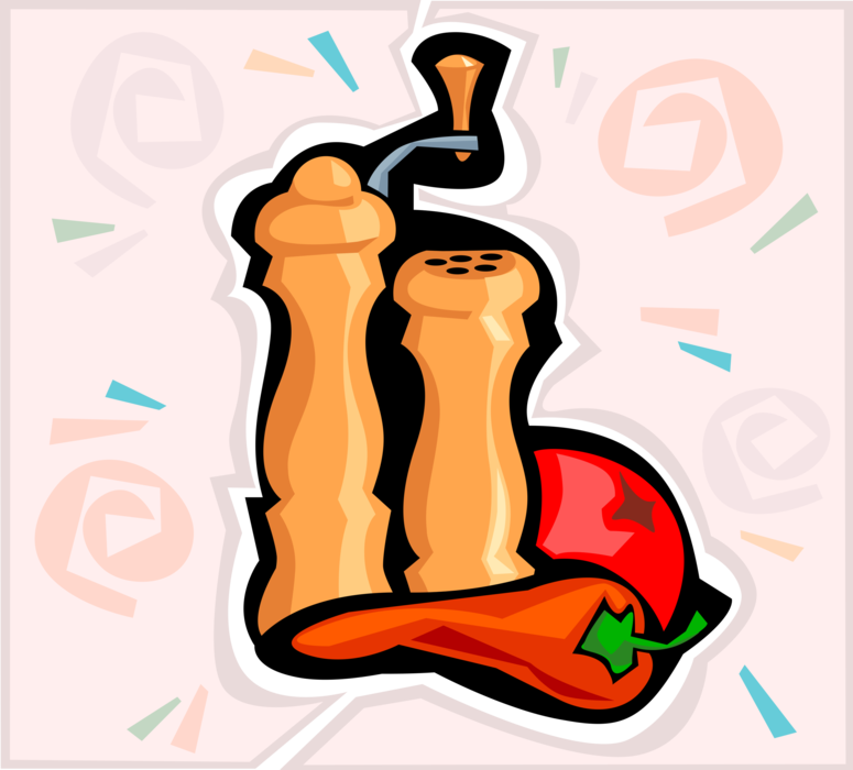 Vector Illustration of Salt and Pepper Shakers with Red Chili Pepper and Tomato