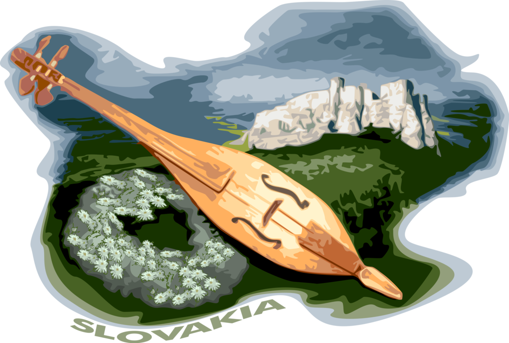 Vector Illustration of Slovakia Traditional Gusla Stringed Instrument with Ruins of Spis Castle