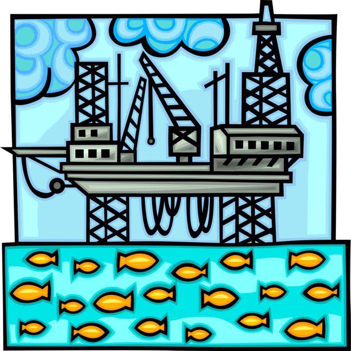 Vector Illustration of Offshore Petroleum Fossil Fuel Oil Rig Drilling Platform in Delicate Balance with Marine Environment