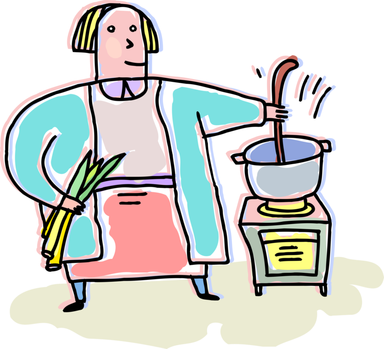 Vector Illustration of Kitchen Cook Cooking with Soup Pot on Stove with Leeks Vegetables