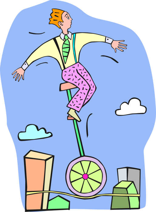 Vector Illustration of Tightrope Walker on Unicycle Performs on Highwire 
