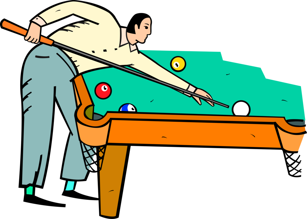Vector Illustration of Playing Billiards Pool with Cue Stick and Balls on Pool Table