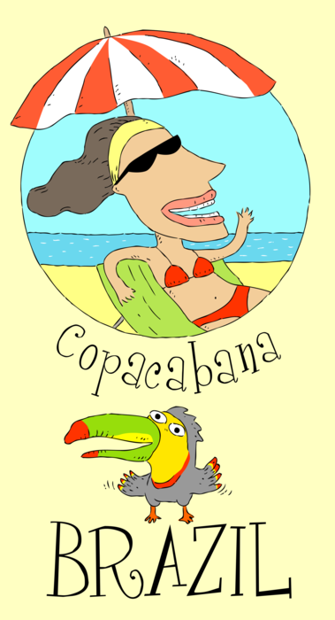 Vector Illustration of Brazil Postcard with Tourist on Copacabana Beach in Rio de Janeiro with Toucan Bird