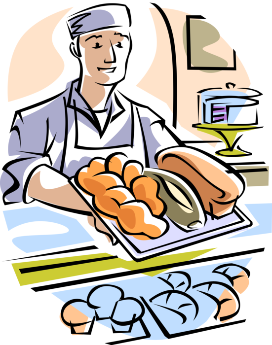 Vector Illustration of Retail Baker in Bakery Bakes and Sells Breads and Other Products Baked in Oven 
