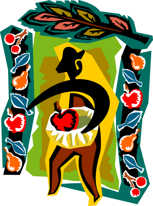 Vector Illustration of Farm Worker with Apple Harvest in Orchard