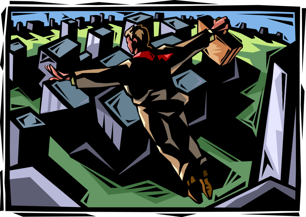 Vector Illustration of Confident Businessman Flying Above City