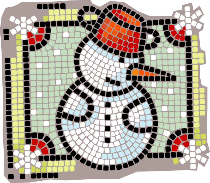 Vector Illustration of Decorative Mosaic Anthropomorphic Snowman with Carrot Nose and Kitchen Pot Hat