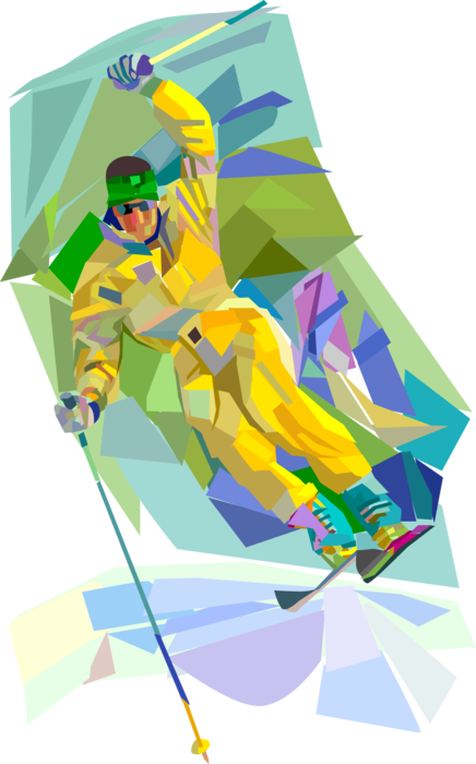 Vector Illustration of Downhill Alpine Skier Jumps on Skis While Skiing Down Mountain