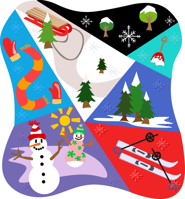 Vector Illustration of Winter Activities Sledding, Skiing, Making Snowmen
