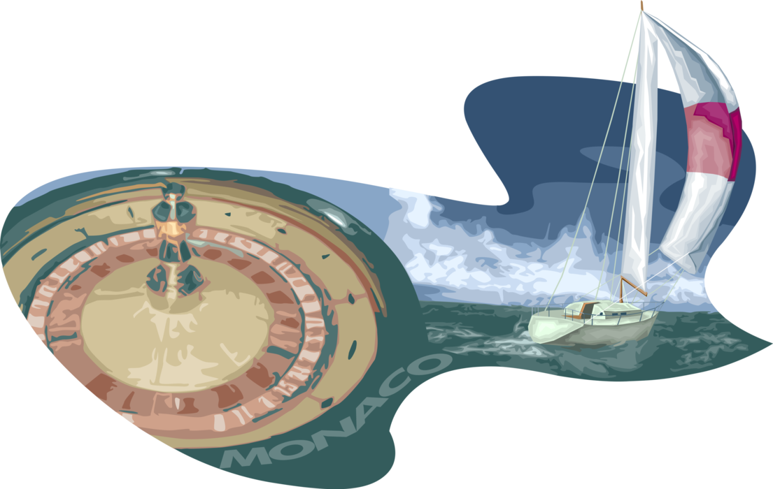 Vector Illustration of Principality of Monaco on French Riviera Casino Roulette Wheel and Sailing Sailboat