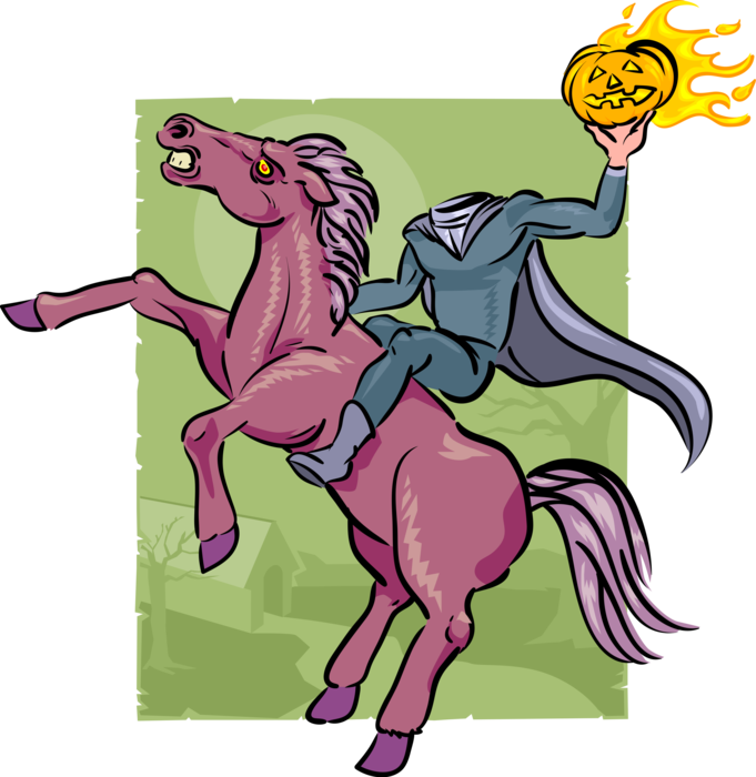 Vector Illustration of Legend of Sleepy Hollow Headless Horseman with Halloween Carved Pumpkin Head