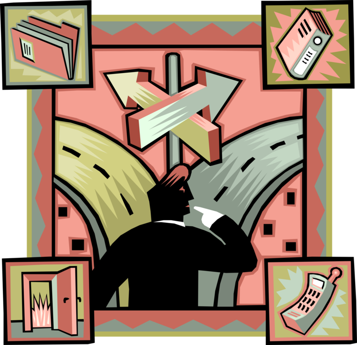 Vector Illustration of Businessman at Crossroad Considers Correct Path