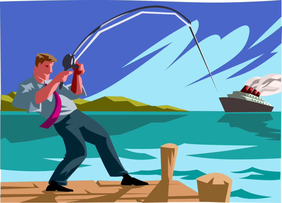 Vector Illustration of Businessman Fishing From Pier Catches Ocean Liner Passenger Cruise Ship Vacation