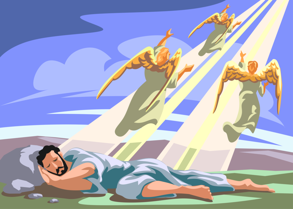 Vector Illustration of Jacob's Ladder Connection Between Earth and Heaven Book of Genesis Biblical Story