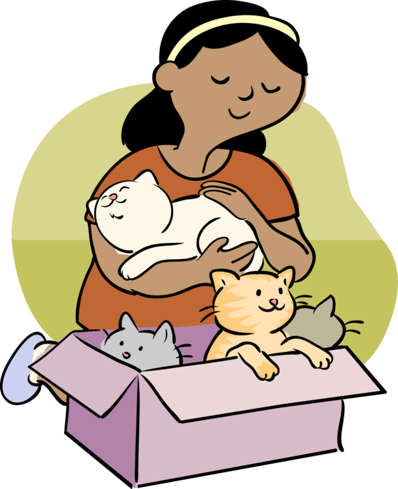 Vector Illustration of Cat Lover with Cardboard Box of Kitten Cats