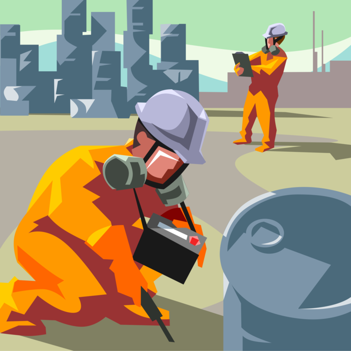 Vector Illustration of Toxic Chemical Spill Detection Testing Soil Contamination with Hazmat Suits
