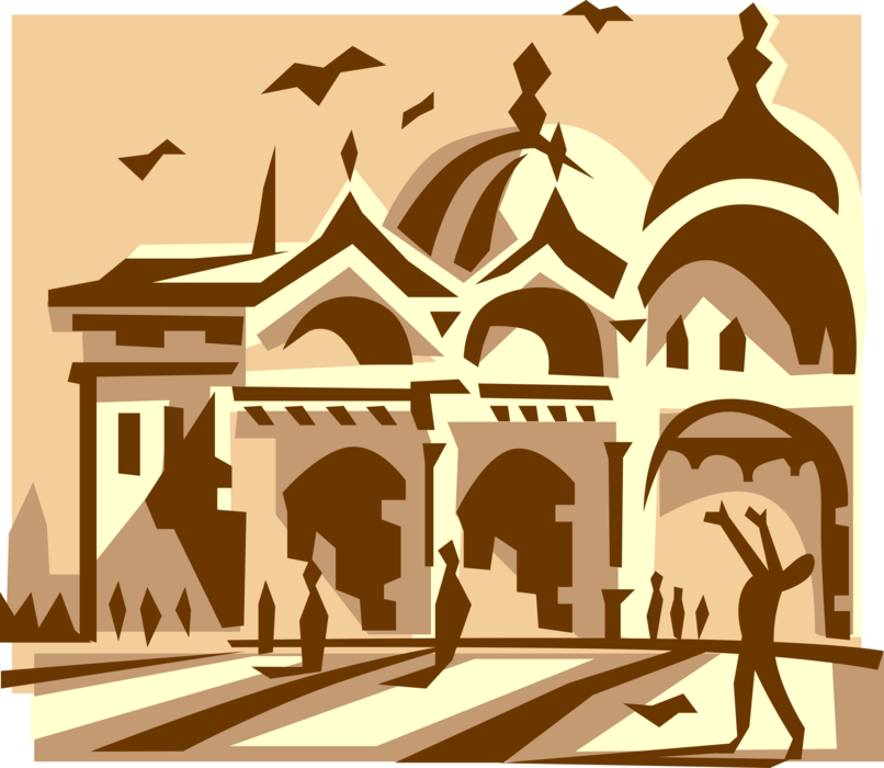 Vector Illustration of Islamic Mosque Muslim or Moslem Temple Place of Public Worship in Islam with Minaret Towers