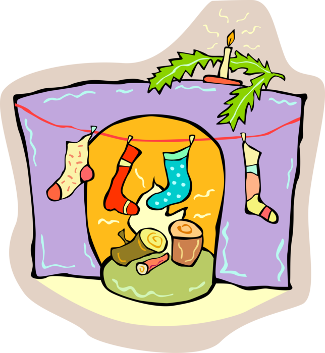 Vector Illustration of Festive Season Christmas Stockings Hung by Fireplace