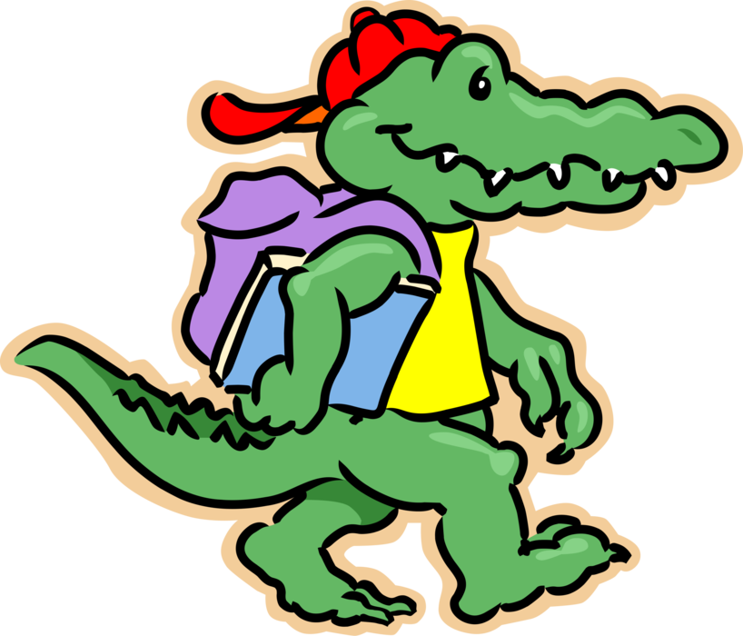 Vector Illustration of Crocodile Student Reptile Walking to School