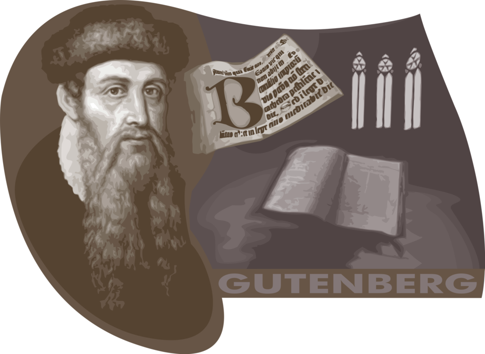 Vector Illustration of Johan Gutenberg, Mechanical Movable Type Inventor of Print Started Printing Revolution