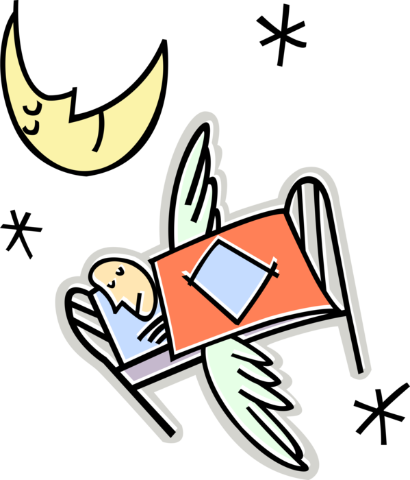 Vector Illustration of Angelic Spiritual Sleeping Angel in Bed with Moon