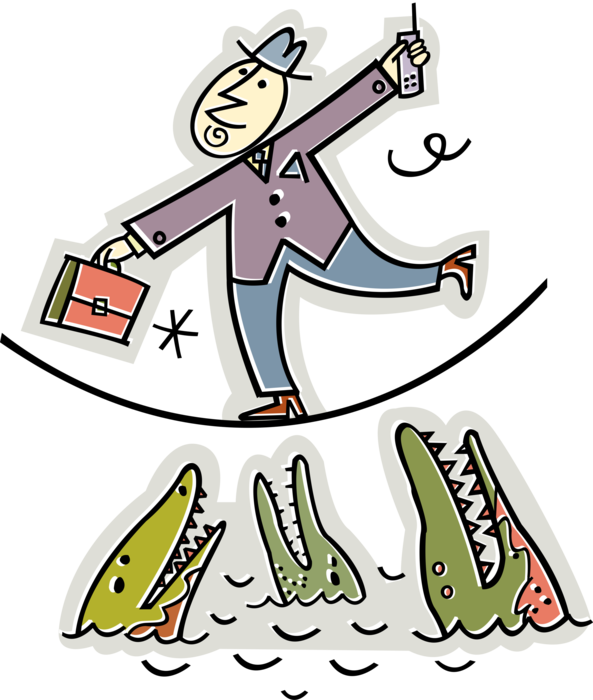 Vector Illustration of Businessman Balancing and Walking Tightrope Over Hungry Alligator Reptiles
