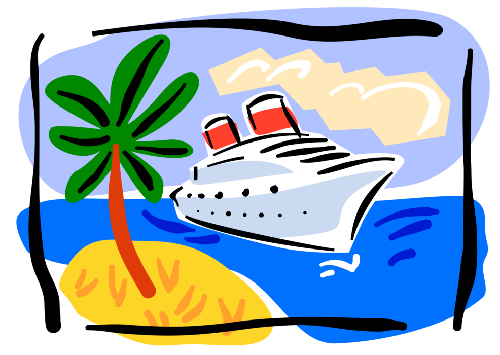 Vector Illustration of Cruise Ship or Cruise Liner Passenger Ship used for Pleasure Voyages and Tropical Island
