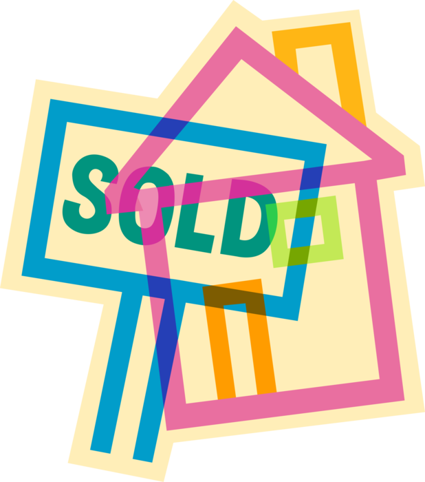 Vector Illustration of Residential Real Estate Sold Sign on Family Home House