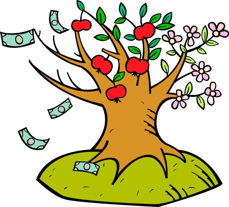 Vector Illustration of Tree of Life Provides Flowers, Apple Fruit and Cash Money Dollars