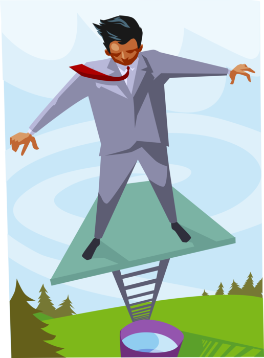 Vector Illustration of Businessman Stands on High Diving Platform Ready to Dive into Small Pool of Water