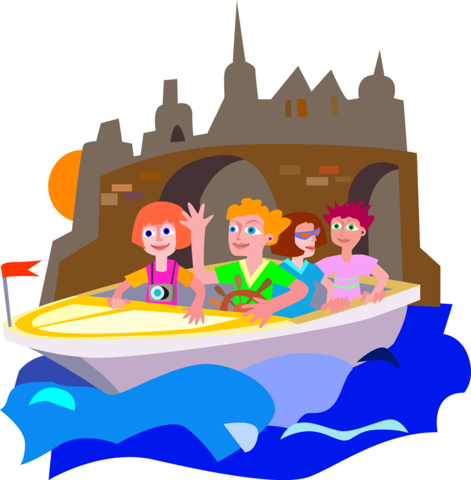 Vector Illustration of Family in Pleasure Boat Watercraft Vessel Tour of Amsterdam Canals, Holland, The Netherlands