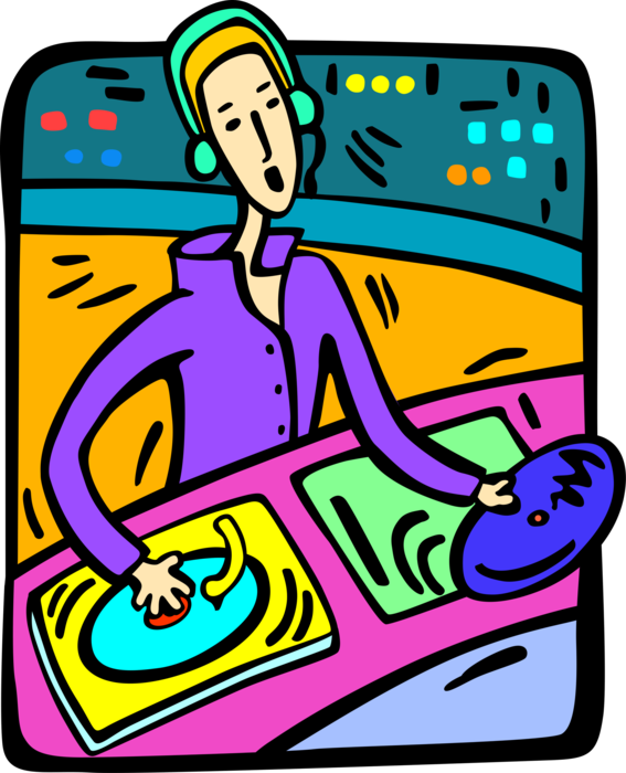 Vector Illustration of Disc Jockey DJ Deejay Spins Vinyl Records on Turntables at Nightclub for Live Audience