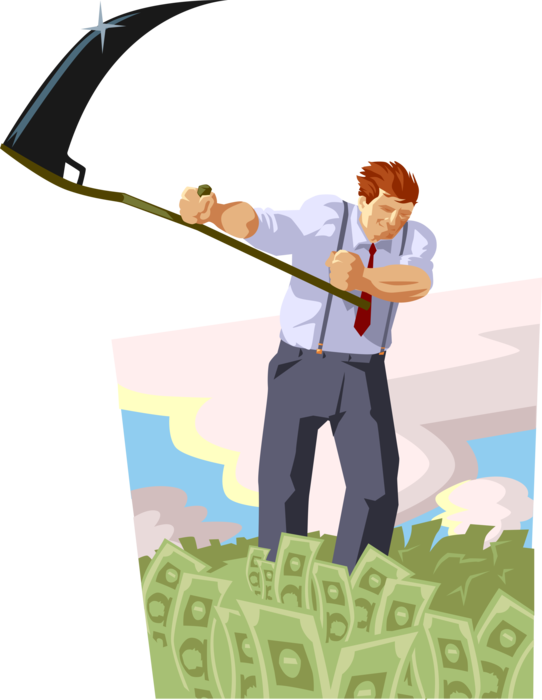 Vector Illustration of Businessman with Scythe Harvesting Business Profits with Cash Money