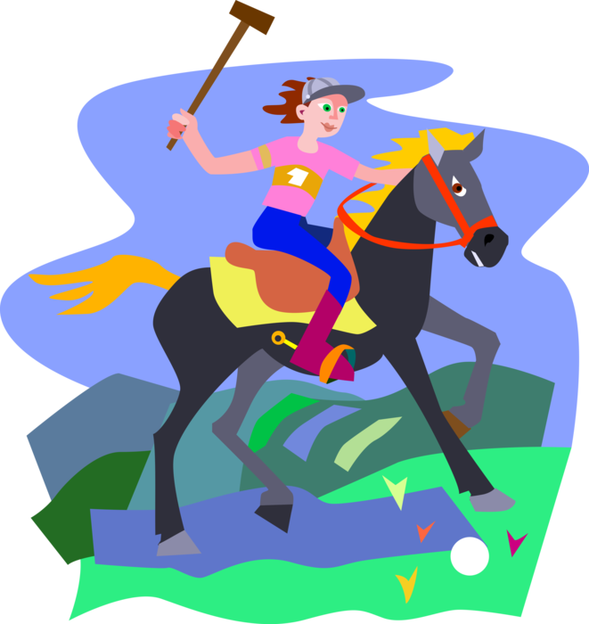 Vector Illustration of Sport of Polo Player on Horseback Strikes the Ball