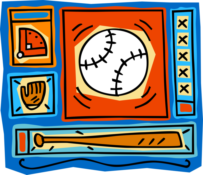 Vector Illustration of American Pastime Sport of Baseball Diamond, Glove and Bat