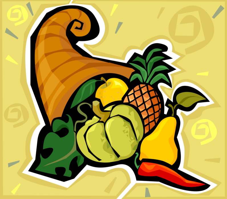 Vector Illustration of Cornucopia Horn of Plenty Overflowing with Harvest Fruits and Vegetables