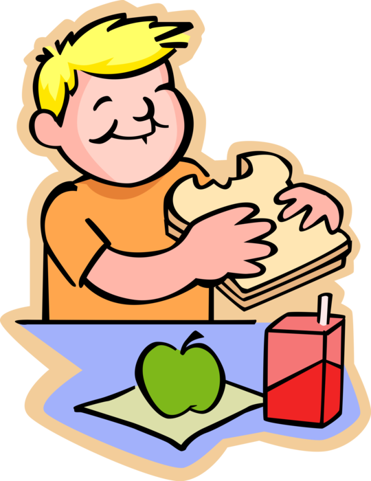 Vector Illustration of Primary or Elementary School Student Boy Eats Lunch Sandwich with Apple and Juicebox
