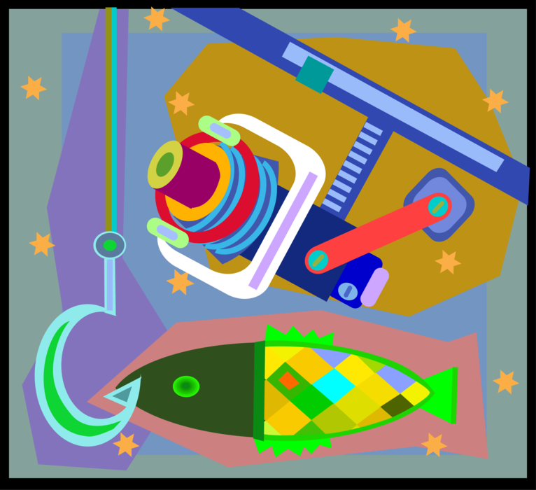 Vector Illustration of Fishing Rod and Reel with Hook and Fish