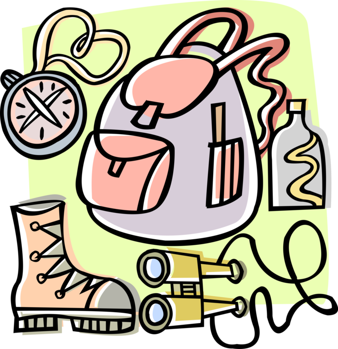 Vector Illustration of Backpacker or Hiker's Hiking Equipment with Knapsack, Compass and Binoculars