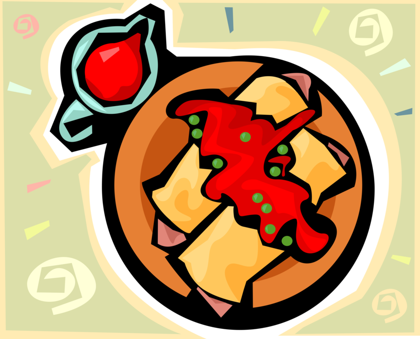 Vector Illustration of Tortilla Rolled and Filled with Seasoned Meat Covered with Chili Sauce