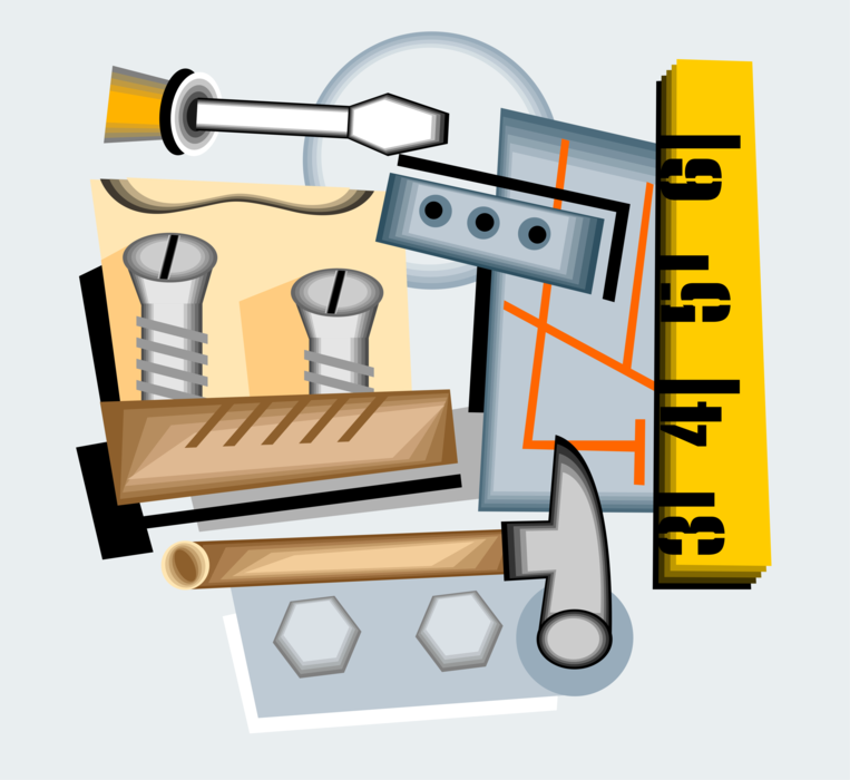 Vector Illustration of Carpentry and Woodworking Tools with Hammer, Screws and Screwdriver