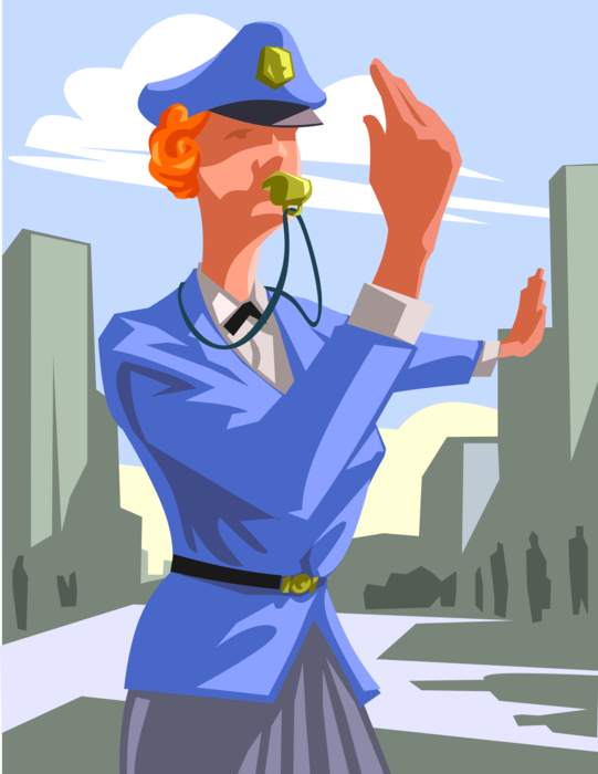 Vector Illustration of Female Traffic Cop Police Officer Directing Flow of Traffic in Rush Hour with Whistle