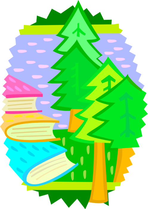 Vector Illustration of Deforestation with Forest Trees and Paper Printing Industry Books