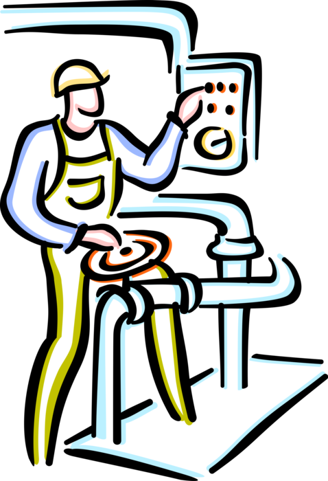 Vector Illustration of Industrial Factory Worker Turns Valve Control on System Pipes